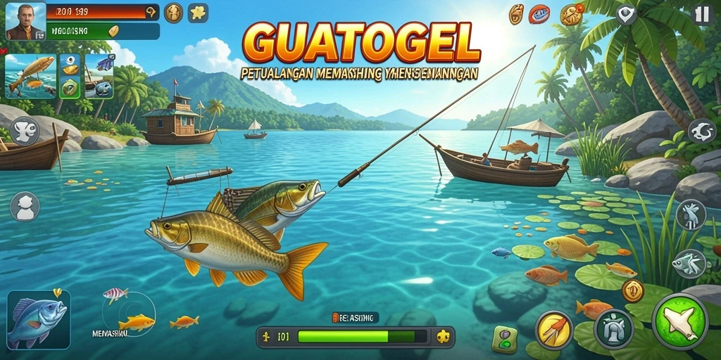 Antarmuka GUATOGEL menampilkan petualangan memancing yang seru dan realistis.