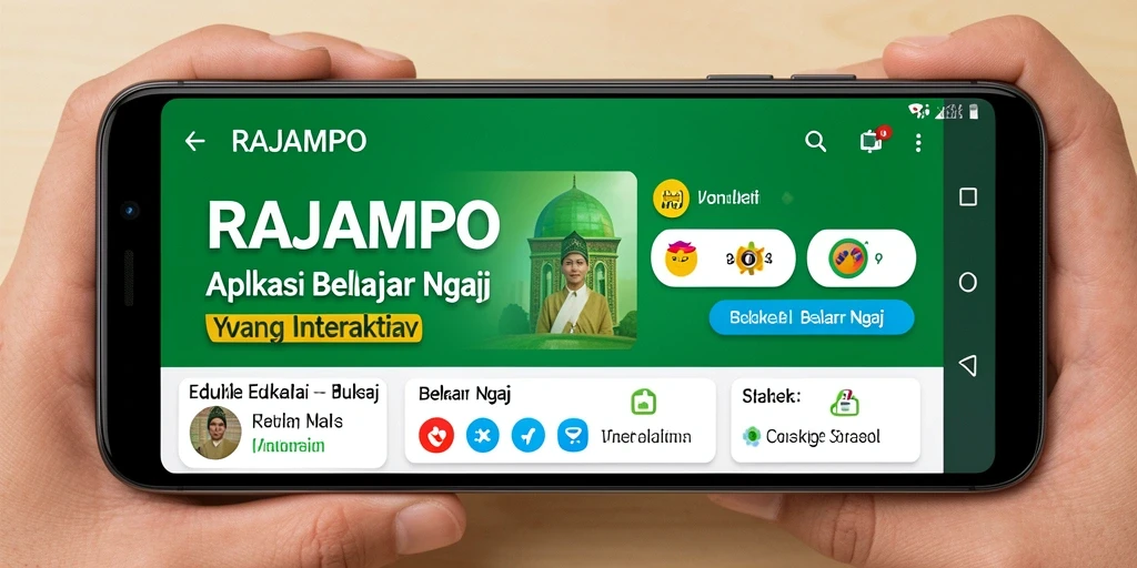 Tampilan antarmuka aplikasi Belajar Ngaji RAJAMPO yang menarik.
